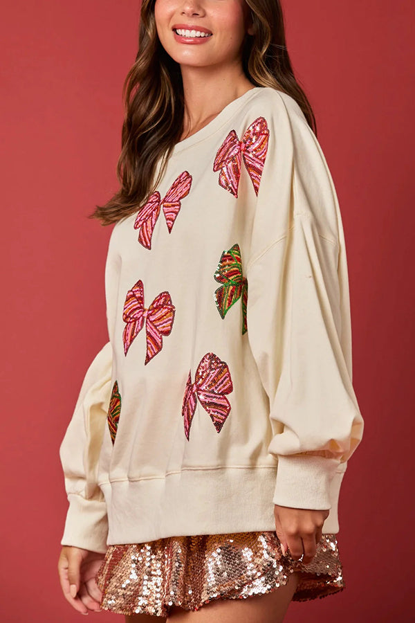Christmas Bow Sequin Loose Long Sleeve Sweatshirt