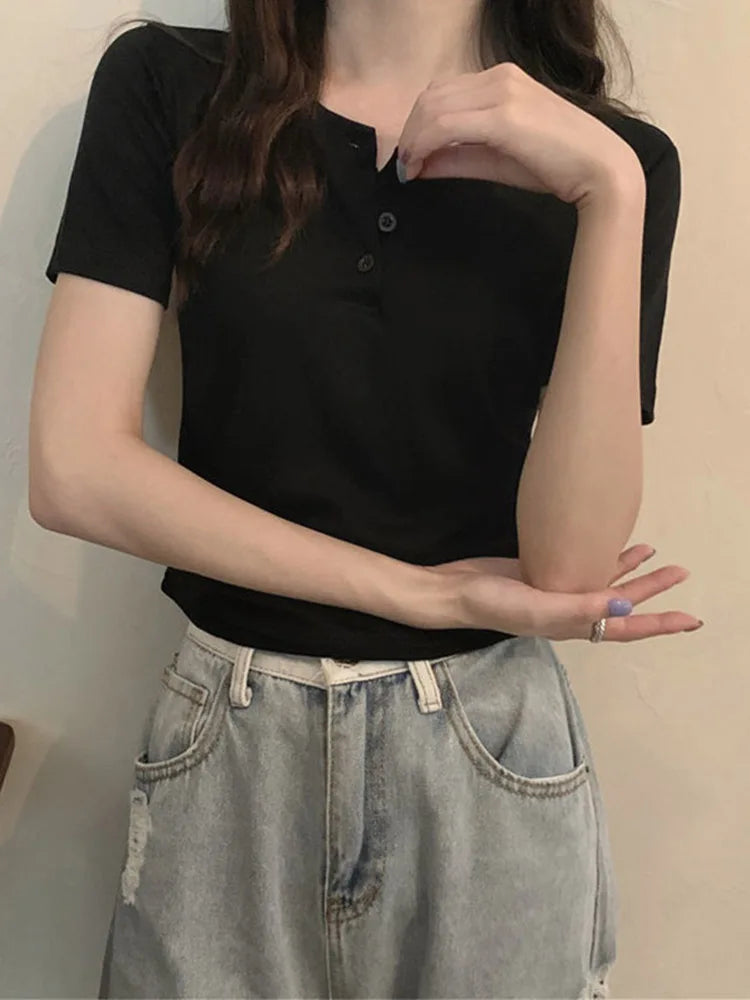 T-shirt Open Button Short Sleeve Crop Top Clothing Basic T Shirt Skinny White Slim Female Tops