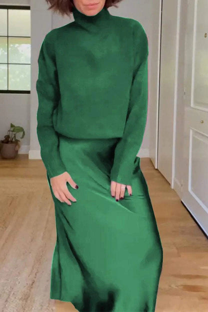 Jaelyn Color Turtleneck Long Sleeve Sweater and Satin Elastic Waist Maxi Skirt Set