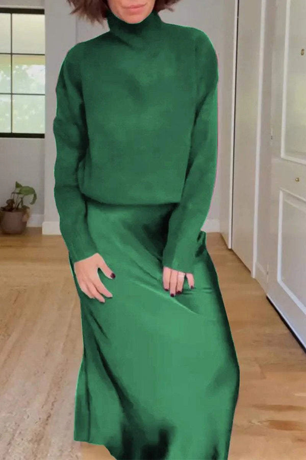 Jaelyn Color Turtleneck Long Sleeve Sweater and Satin Elastic Waist Maxi Skirt Set