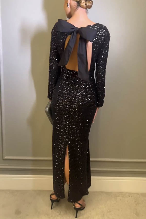 Looking to Party Sequin Padded Shoulder Backless Bow Design Maxi Dress