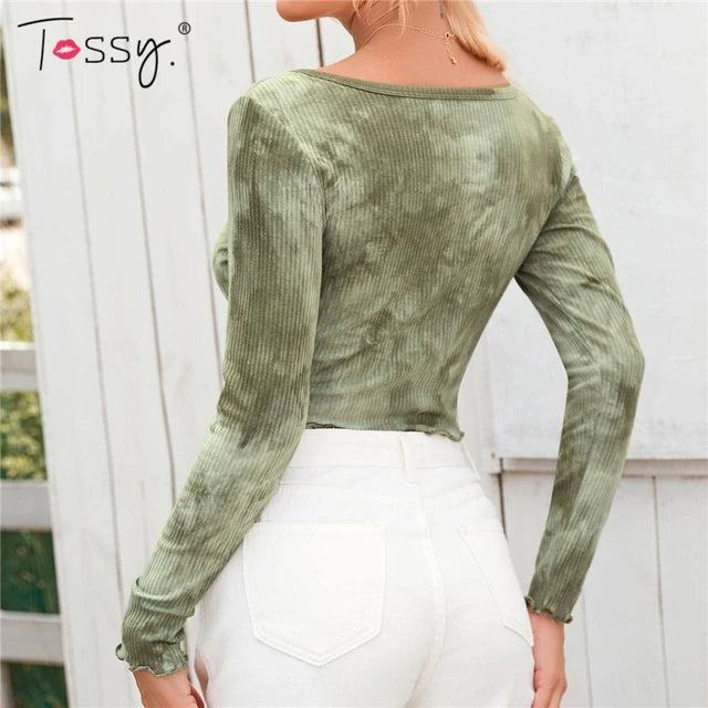 Tie Dye Print Crop Top White Ribbed Top Long Sleeve Spring V-neck Outfits Knitwear Cardigan
