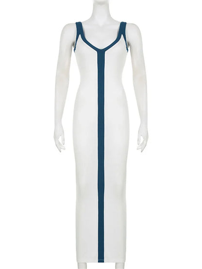 Patchwork Contrast Slim Maxi Dress Female Off-shoulder V-neck Party Dress High Waist Beach Holiday Outfits Long Dress