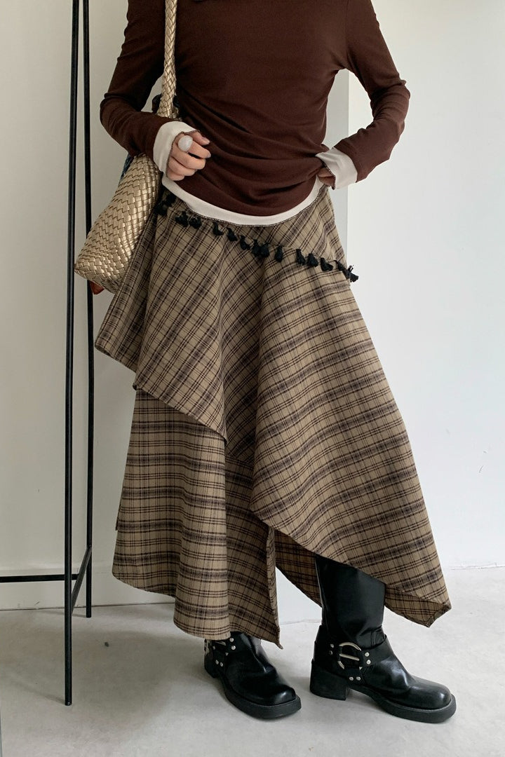 Asymmetrical Plaid Maxi Skirt