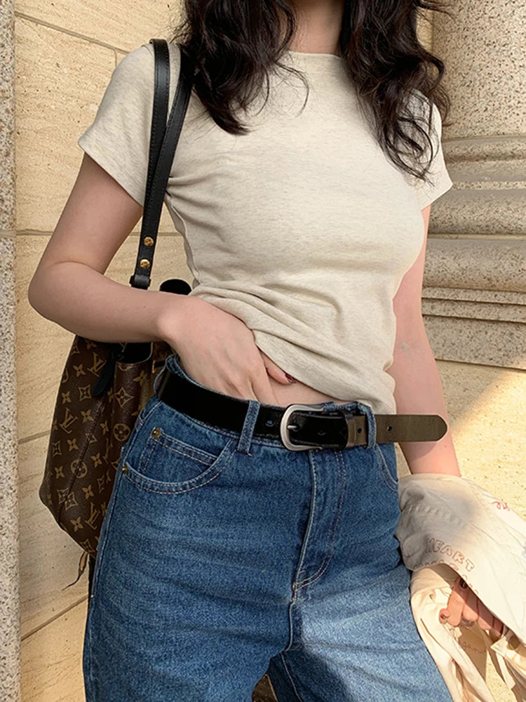 Basic Short Sleeve T-shirts Summer Simplicity Female Korean All-match Tops O-neck Black White Skinny Shirt