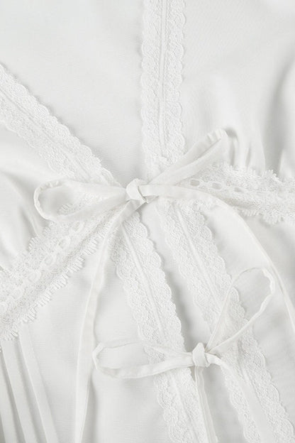 Lace Paneled Ruched Puff Sleeve Tie Blouse
