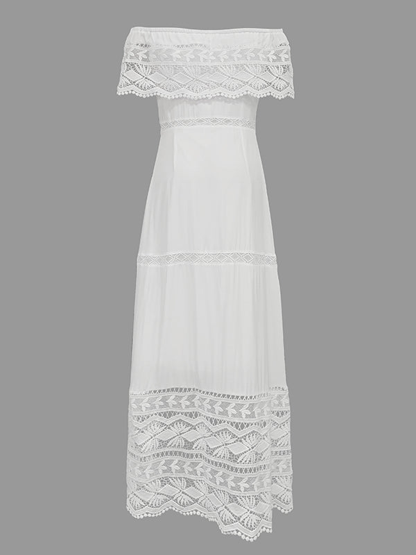 High Waisted Short Sleeves Hollow Color Split-joint Off-the-shoulder Maxi Dresses