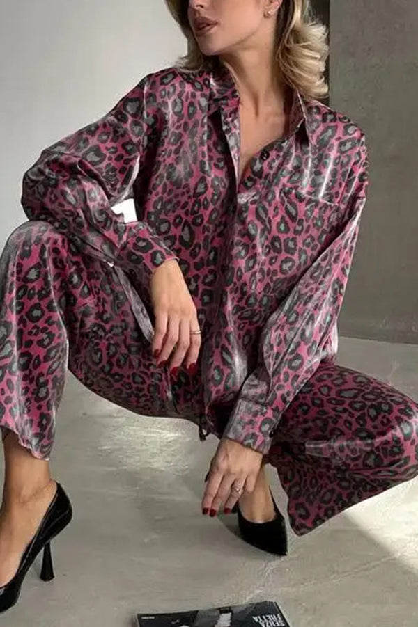 Leopard Print Long-sleeved Top and Loose Elastic Waist Tie Pants Set