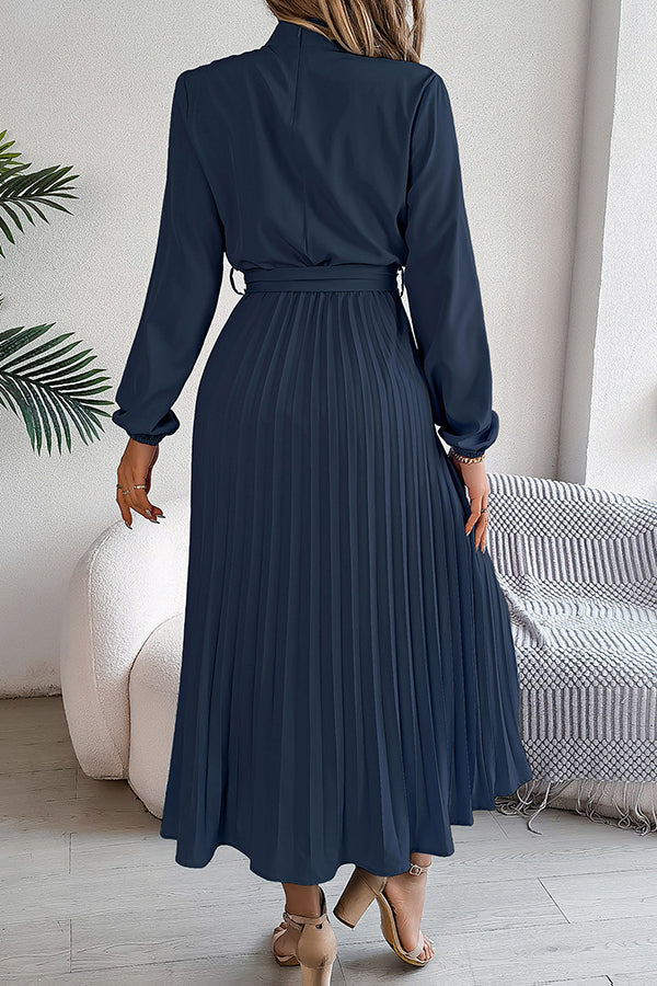Stand-collar Long-sleeve Waisted Tie-up Pleated Midi Dress