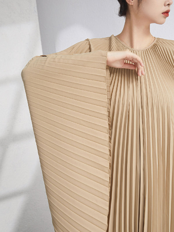 Batwing Sleeves Loose Pleated Color Maxi Dresses