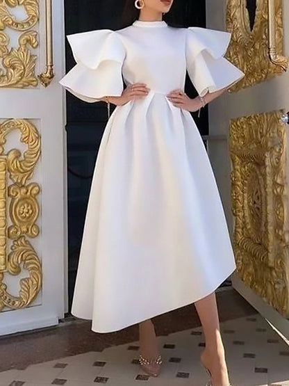 Original Loose Half Sleeves Falbala Color Round-neck Midi Dresses