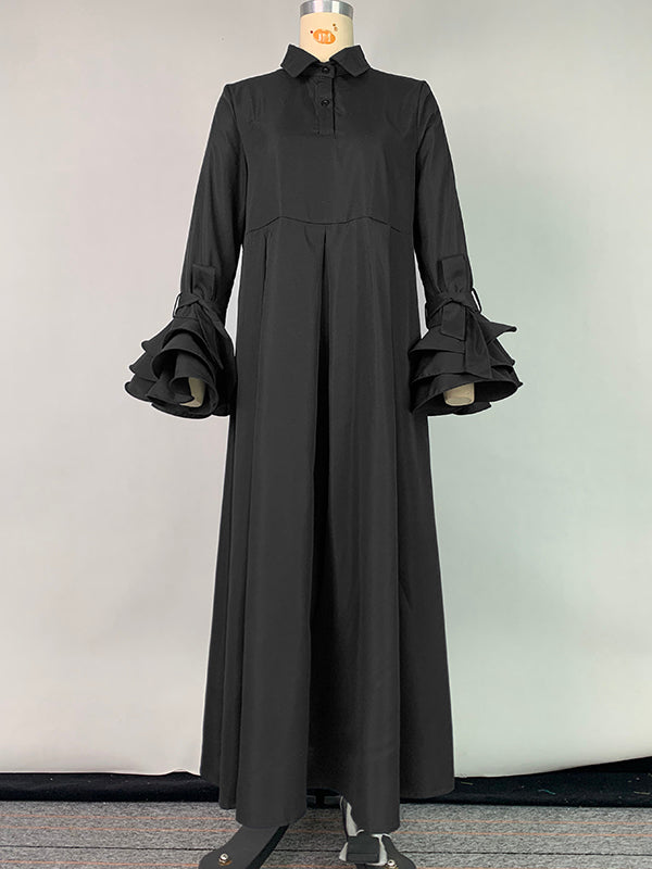 Flared Sleeves Pleated Color Split-joint Lapel Maxi Dresses Shirt Dress