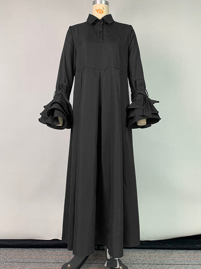 Flared Sleeves Pleated Color Split-joint Lapel Maxi Dresses Shirt Dress