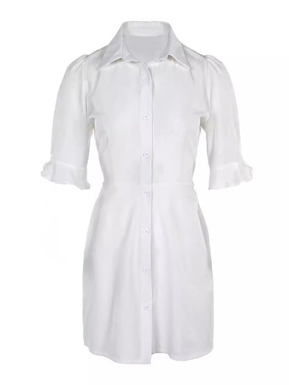 Puff Sleeves Short Sleeves Color Split-joint Lapel Mini Dresses Shirt Dress