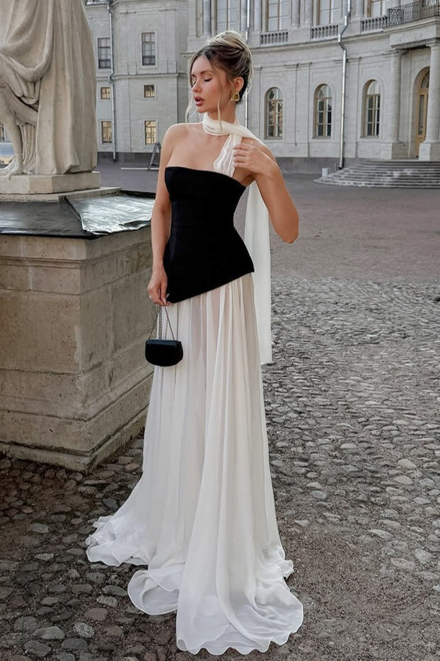Flared Wavy Trim Color Block Maxi Dress