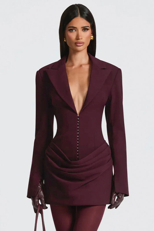 Tailored Deep V Neck Slim Waist Mini Dress