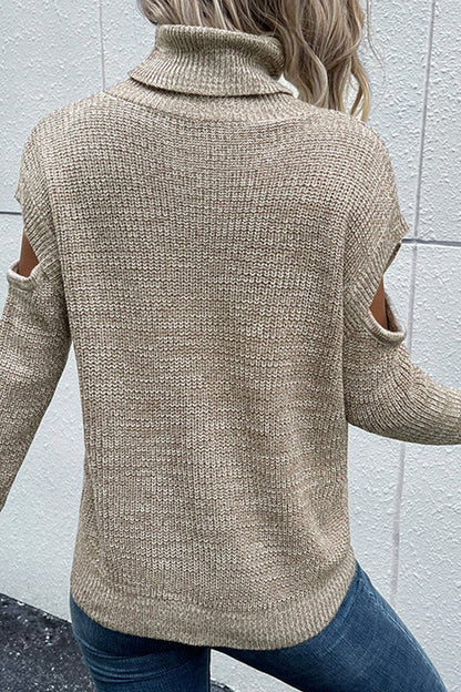 Turtleneck Long Sleeve Color Hollow Off Shoulder Sweater