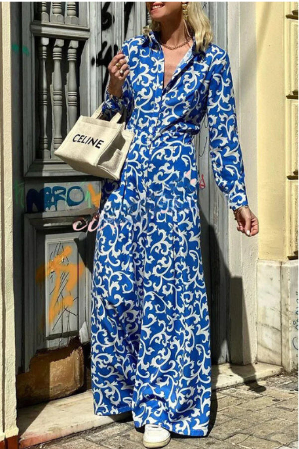 Print Lapel Button Pocket Long Sleeve Shirt Maxi Dress