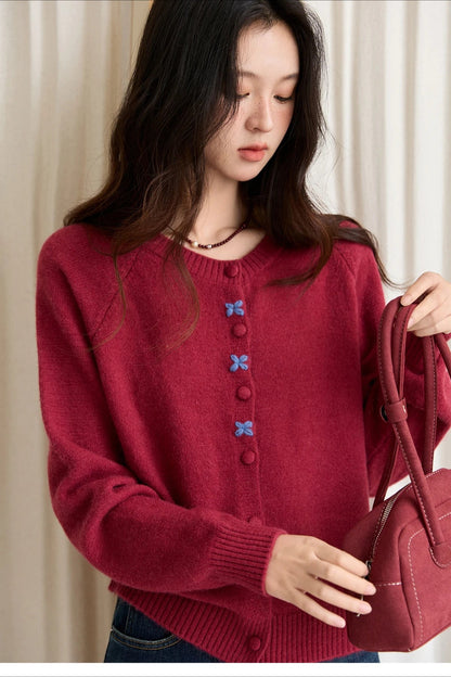 Round Neck Embroidered Buckle Cardigan