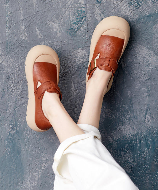 Brown Cowhide Leather Splicing Flats Penny Shoes