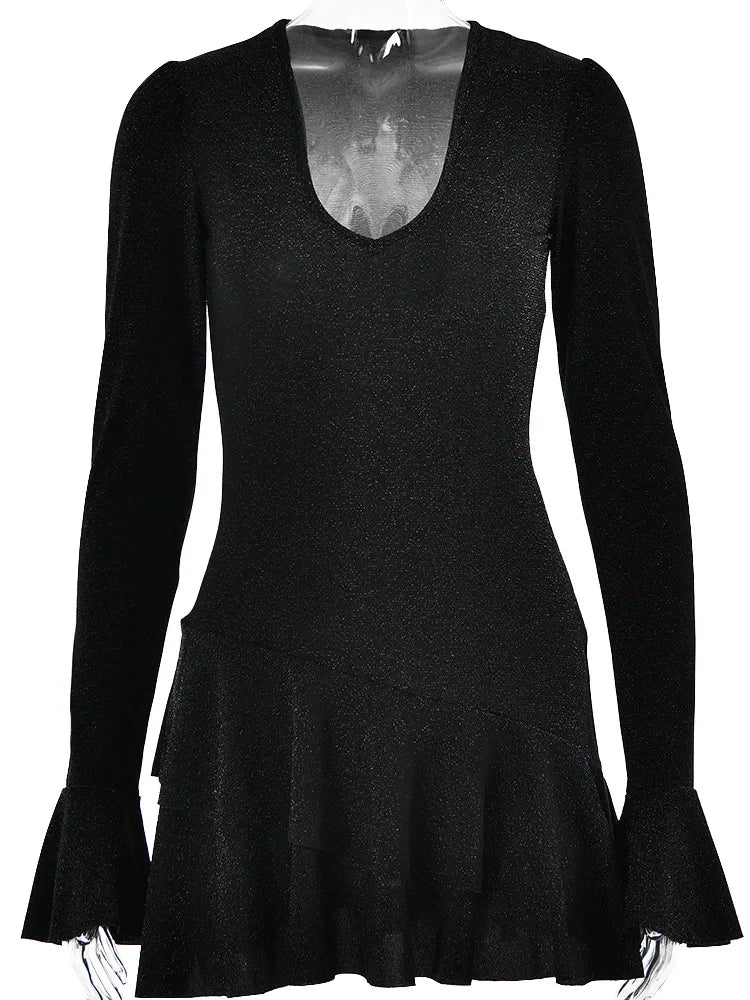 Deepv Brilliant Silk Long Sleeve Dress Ruffled Bodycon Mini Dress Female Tight Party Evening Vestidos