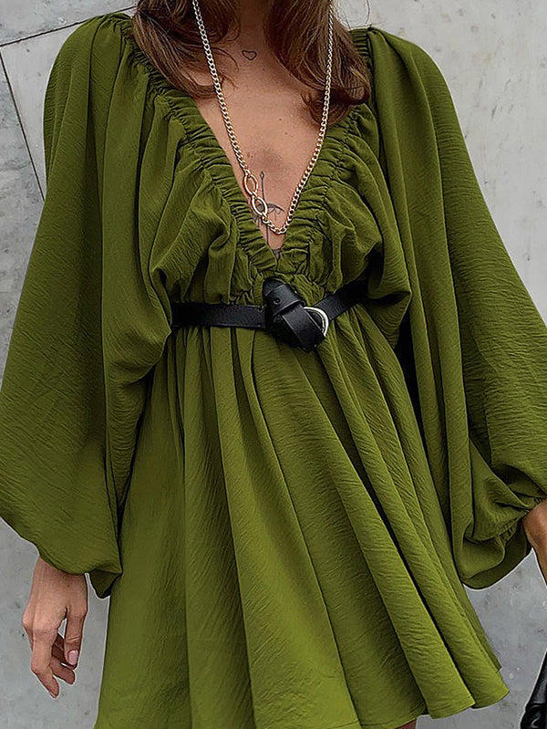 Long Sleeves Loose Elasticity Color V-back Deep V-neck Mini Dresses