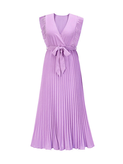 Loose Sleeveless Pleated Color Split-joint Tied Waist V-neck Maxi Dresses