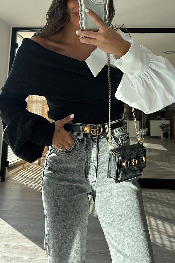 Stylish Patchwork Contrasting Long-sleeved V-neck Sweater