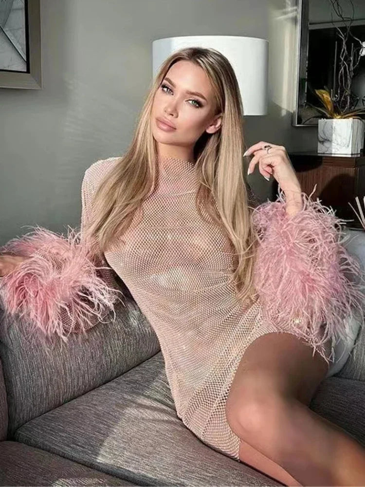 Weave Shiny Rhinestone Mini Dress See Through Cover-up Dresses Loose Club Dress