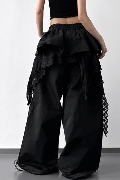 Lace Skirt Hem Trim Wide Leg Pants
