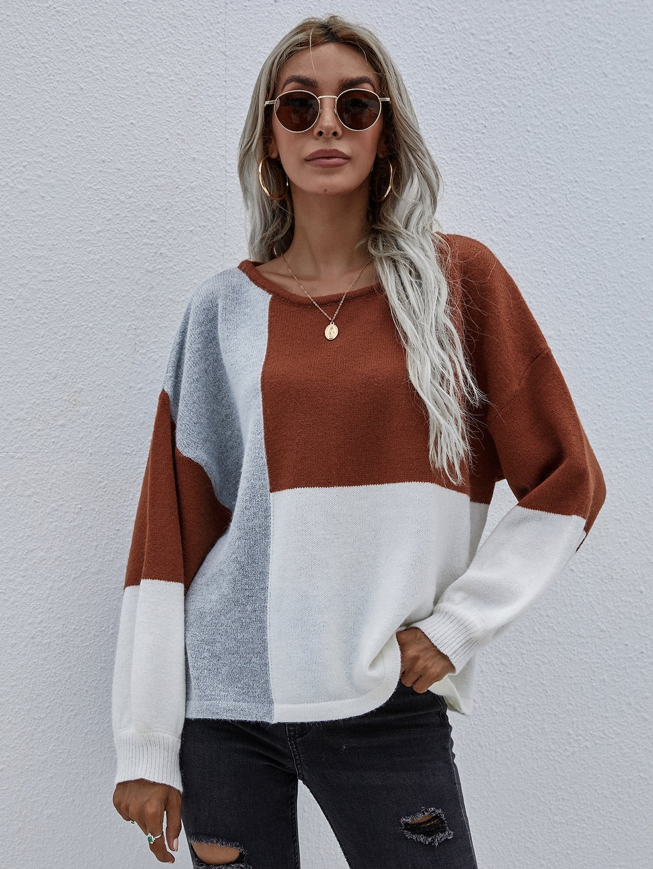 | Color Block Pattern Knit Sweater - Brown