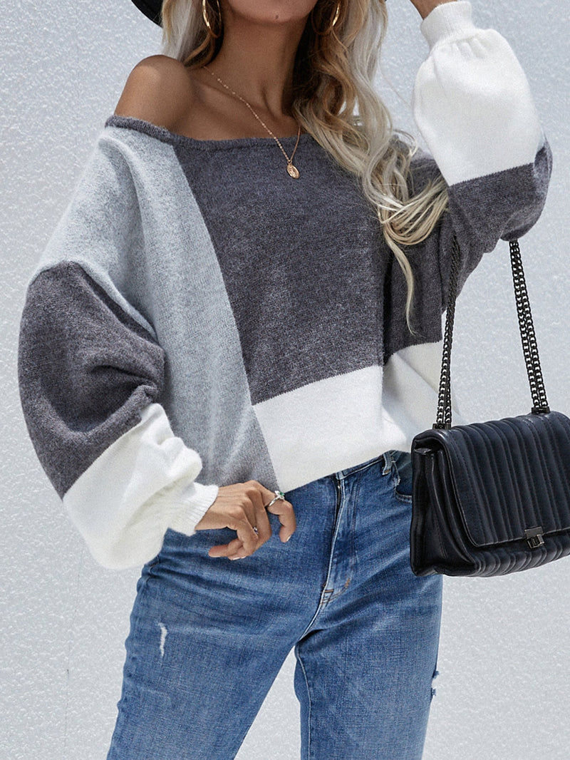 | Color Block Pattern Knit Sweater - Grey