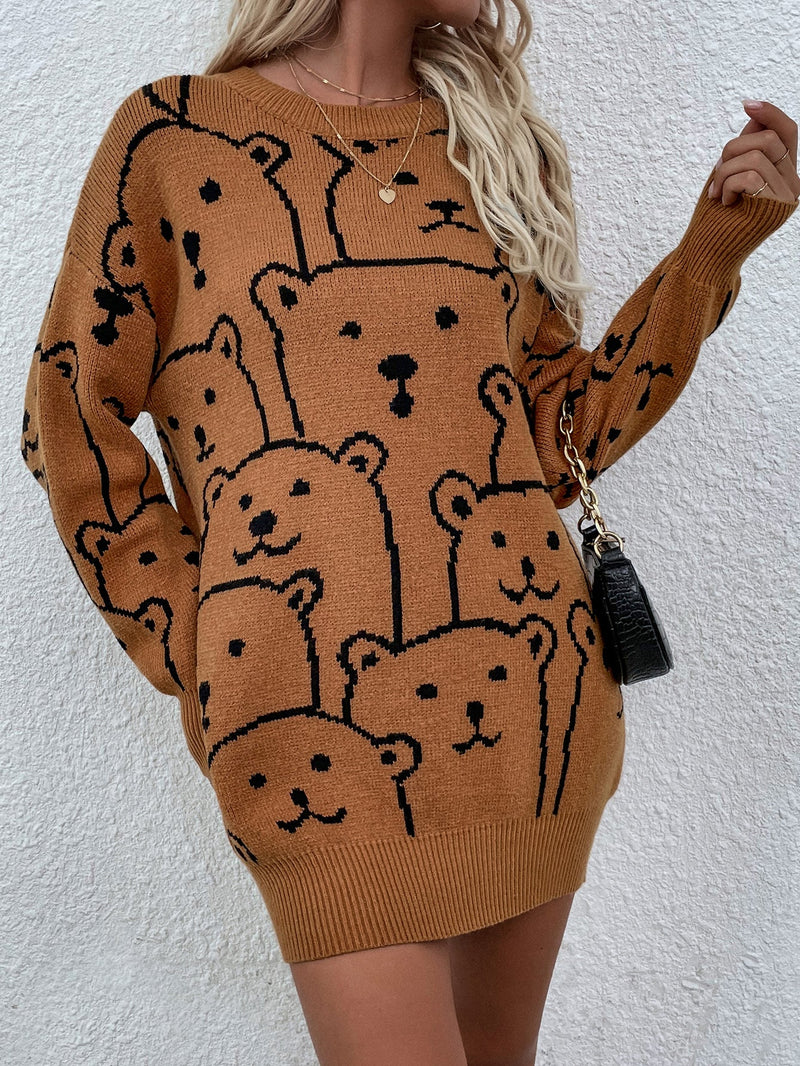 Smiley Polar Bear Knit Sweater Dress - Brown
