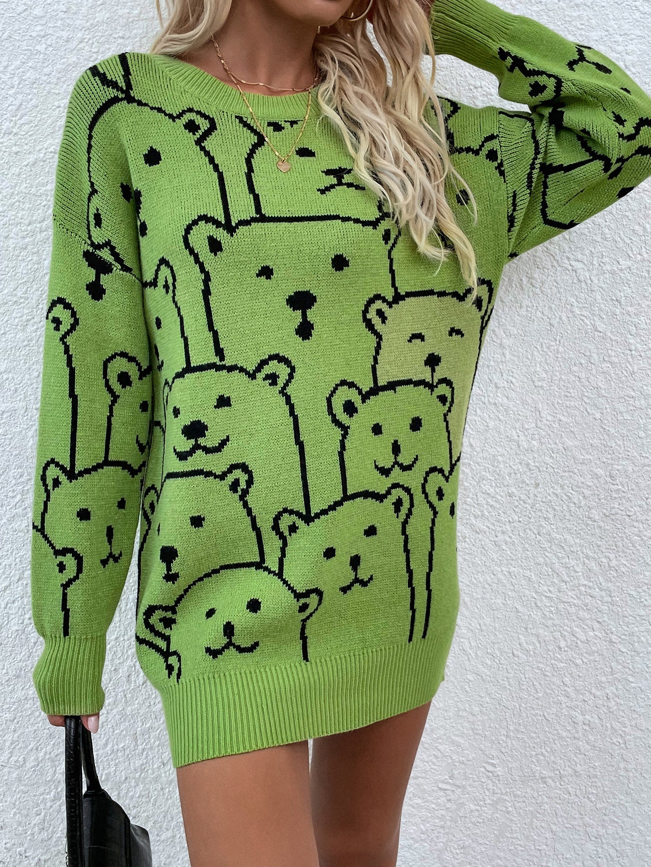 Smiley Polar Bear Knit Sweater Dress - Green