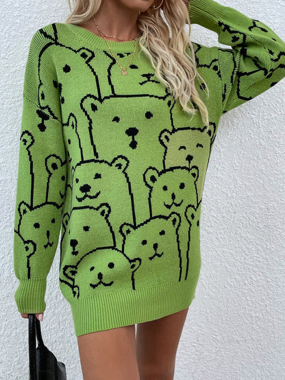 Smiley Polar Bear Knit Sweater Dress - Green