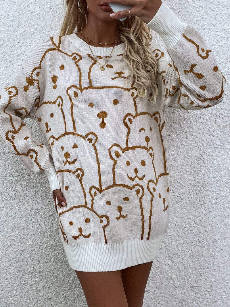 Smiley Polar Bear Knit Sweater Dress - White