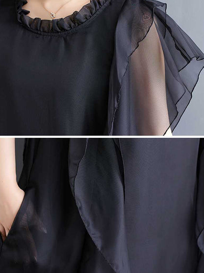 Loose Ruffle Sleeves Falbala Ruffled Color Round-neck Midi Dresses