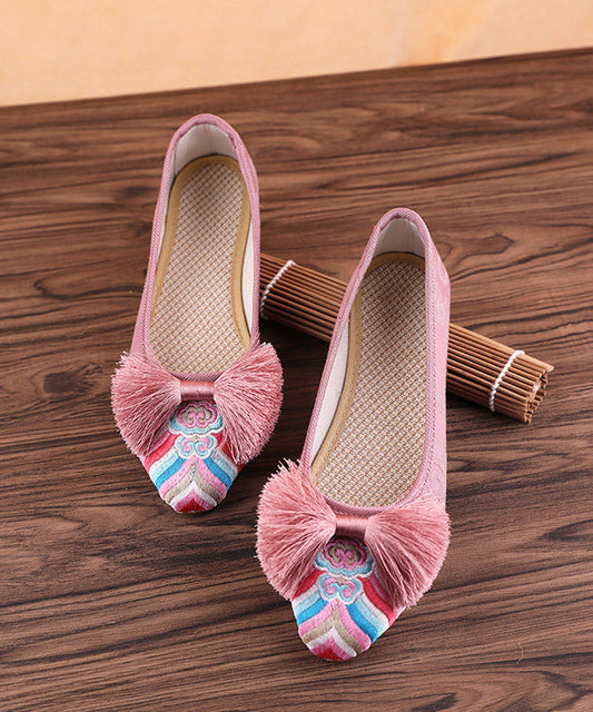 Retro Pink Embroideried Tassel Cotton Fabric Flat Shoes for