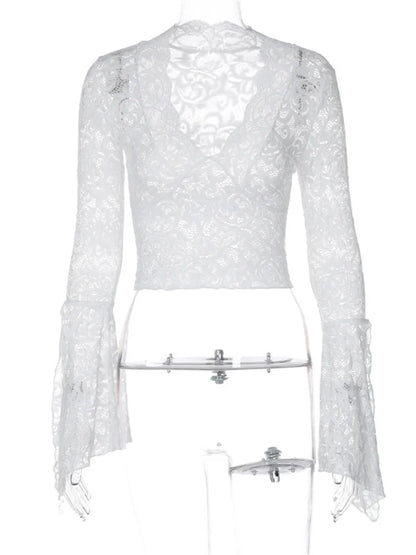 Lace See-through Y2k Top T-shirt V-neck Patchwork Hollow Out Cropped Top Night Club Clothes Crop Top