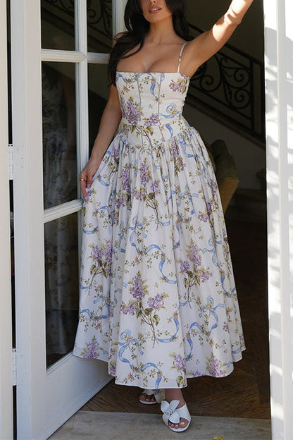 Spaghetti Strap Print Bustier A-line Maxi Dress