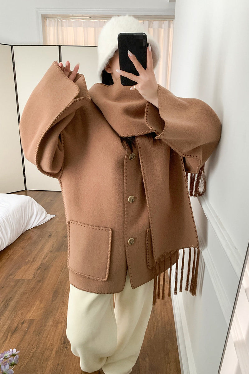 Scarf Collar Tassel Wool Embroidered Coat