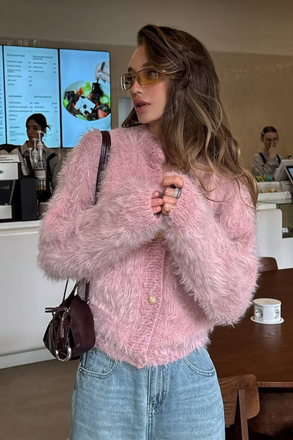Color Button-up Faux Fur Knit Sweater