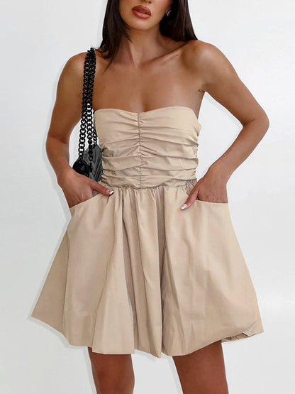 A-line High Waisted Elasticity Pleated Pockets Color Tube Mini Dresses
