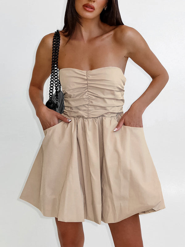 A-line High Waisted Elasticity Pleated Pockets Color Tube Mini Dresses