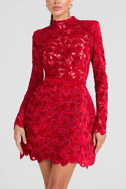 Lydia Embroidered Lace Long Sleeve Belt Tulip Shaped Mini Dress