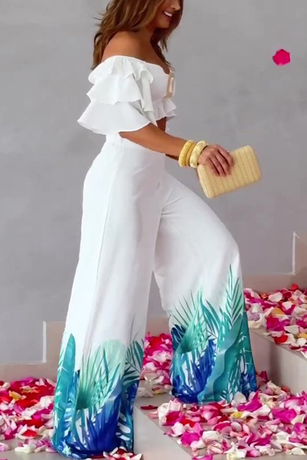 Off Shoulder Top and High Waisted Wide Leg Printed Pants Suit