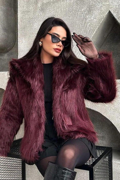 Plush Color Faux Animal Fur Warm Notch Collar Coat