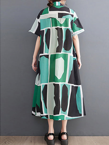 Loose Oversize Color-block Printed Lapel Midi Dresses Shirt Dress