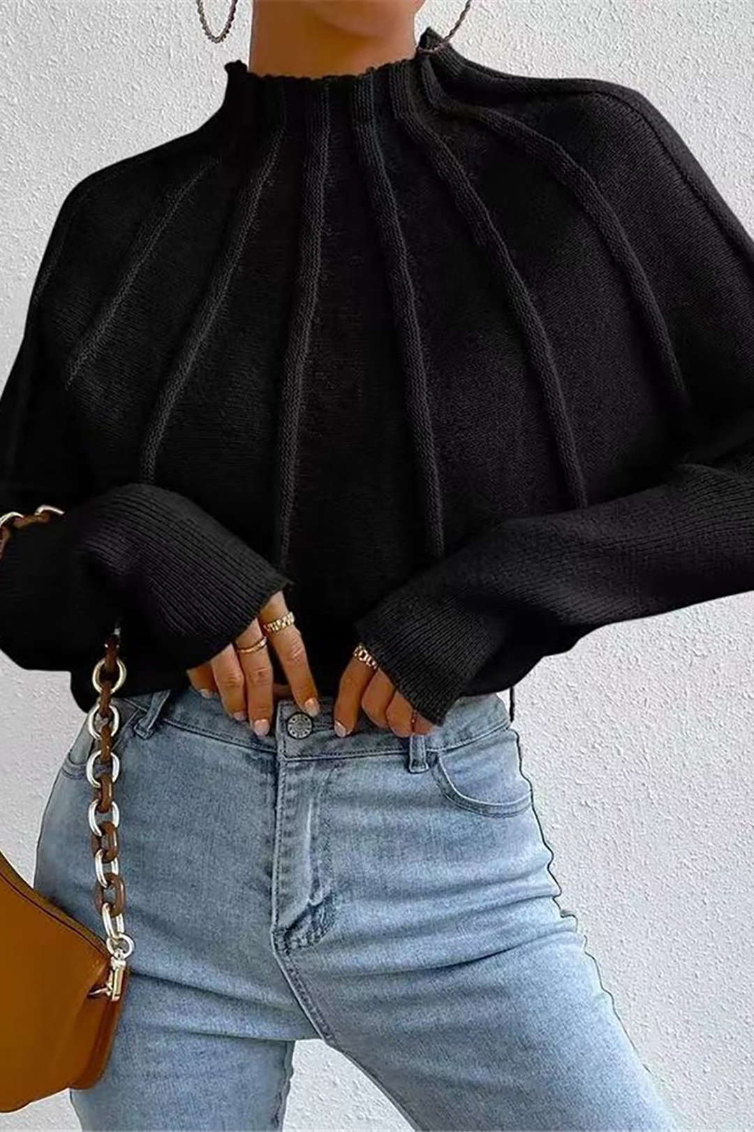 Color Mock Neck Textured Batwing Sleeve Sweater