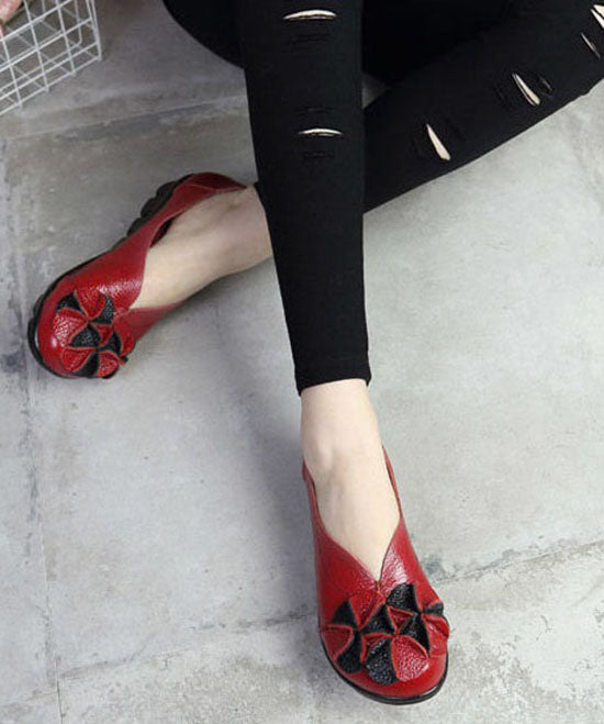 Red Flat Feet Shoes Cowhide Leather Splicing